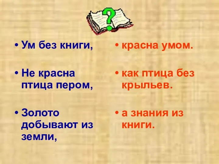 Ум без книги, Не красна птица пером, Золото добывают из земли, красна умом.