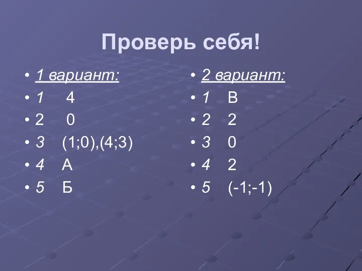 Проверь себя! 1 вариант: 1 4 2 0 3 (1;0),(4;3) 4 А 5