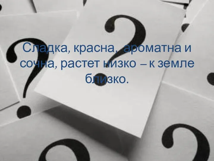 Сладка, красна, ароматна и сочна, растет низко – к земле близко.