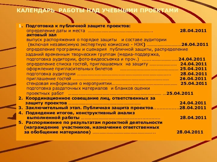 1. Подготовка к публичной защите проектов: определение даты и места ……………………………………………….. 28.04.2011 актовый