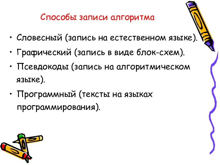 Способы записи алгоритма Словесный (запись на естественном языке). Графический (запись