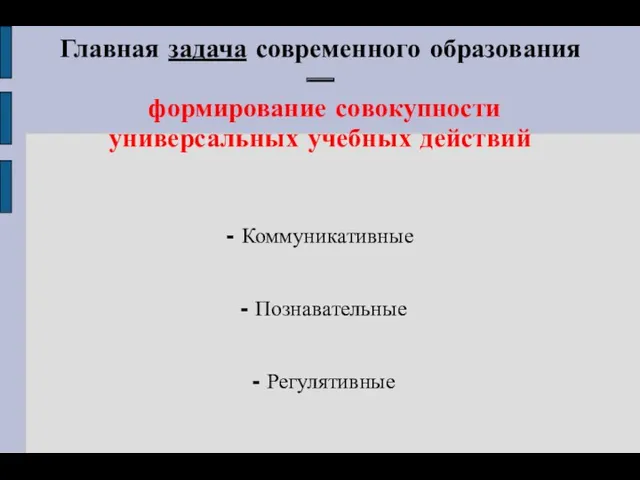 Главная задача современного образования — формирование совокупности универсальных учебных действий - Коммуникативные - Познавательные - Регулятивные