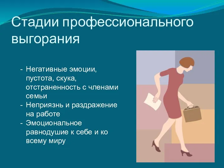 Стадии профессионального выгорания Негативные эмоции, пустота, скука, отстраненность с членами