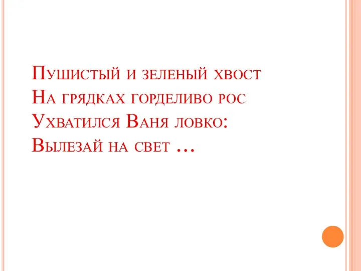 Пушистый и зеленый хвост На грядках горделиво рос Ухватился Ваня ловко: Вылезай на свет …