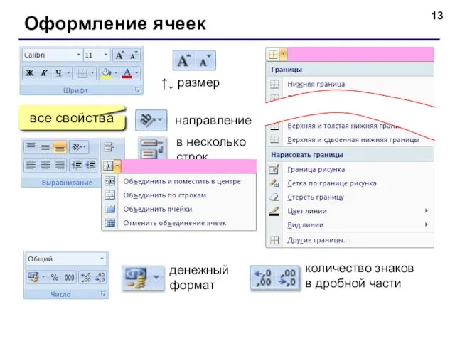 Оформление ячеек все свойства ↑↓ размер направление в несколько строк