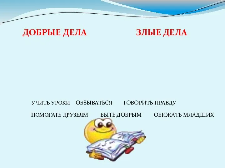 ДОБРЫЕ ДЕЛА ЗЛЫЕ ДЕЛА ОБЗЫВАТЬСЯ ПОМОГАТЬ ДРУЗЬЯМ БЫТЬ ДОБРЫМ ОБИЖАТЬ МЛАДШИХ УЧИТЬ УРОКИ ГОВОРИТЬ ПРАВДУ