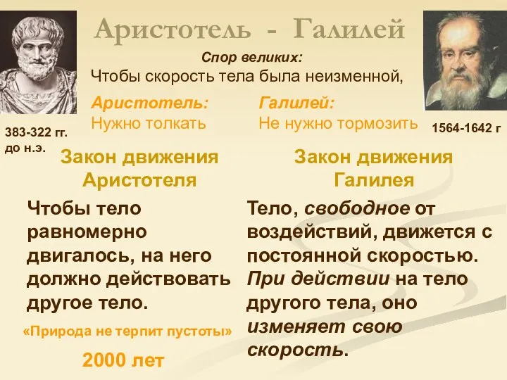 Аристотель - Галилей Закон движения Аристотеля Чтобы тело равномерно двигалось,