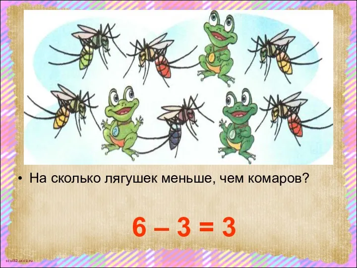 На сколько лягушек меньше, чем комаров? 6 – 3 = 3