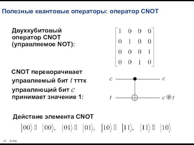 Полезные квантовые операторы: оператор CNOT Двухкубитовый оператор CNOT (управляемое NOT): CNOT переворачивает управляемый