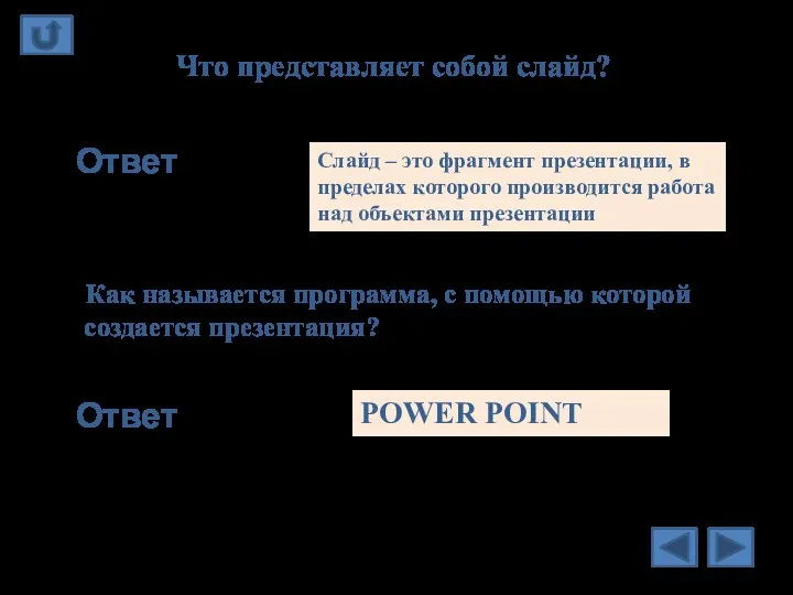 Что представляет собой слайд? Ответ Слайд – это фрагмент презентации,