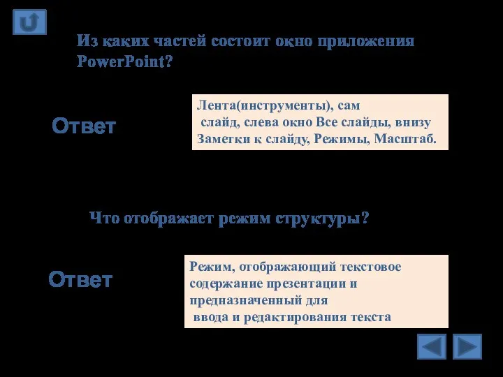 Из каких частей состоит окно приложения PowerPoint? Ответ Лента(инструменты), сам