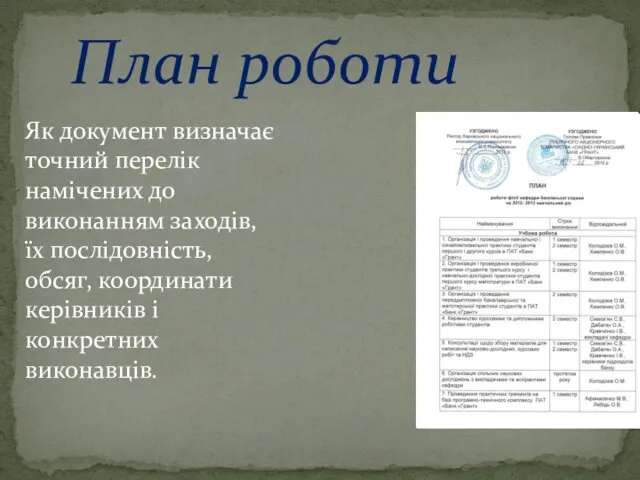 План роботи Як документ визначає точний перелік намічених до виконанням