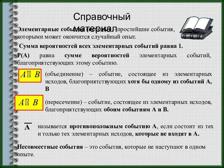 Справочный материал Элементарные события (исходы) – простейшие события, которыми может окончится случайный опыт.