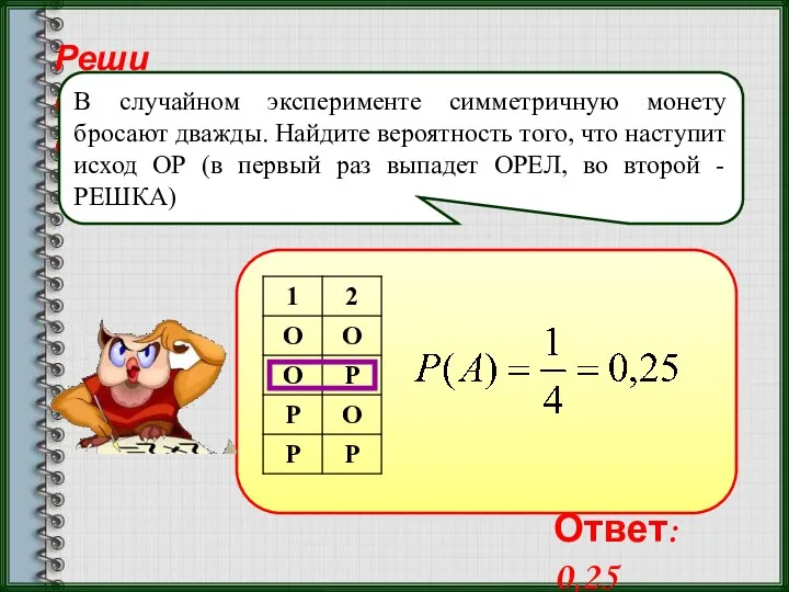 Реши самостоятельно! В случайном эксперименте симметричную монету бросают дважды. Найдите вероятность того, что