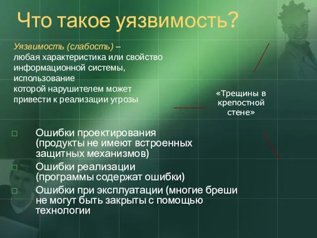 Что такое уязвимость? Ошибки проектирования (продукты не имеют встроенных защитных