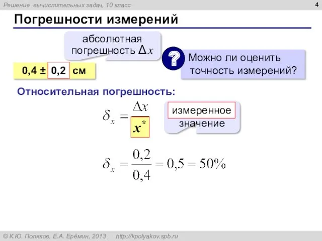 Погрешности измерений абсолютная погрешность Δ x Относительная погрешность: x* истинное значение измеренное