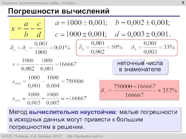 Погрешности вычислений неточные числа в знаменателе Метод вычислительно неустойчив: малые