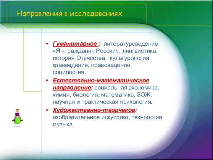 Направления в исследованиях Гуманитарное : литературоведение, «Я - гражданин России», лингвистика, история Отечества,