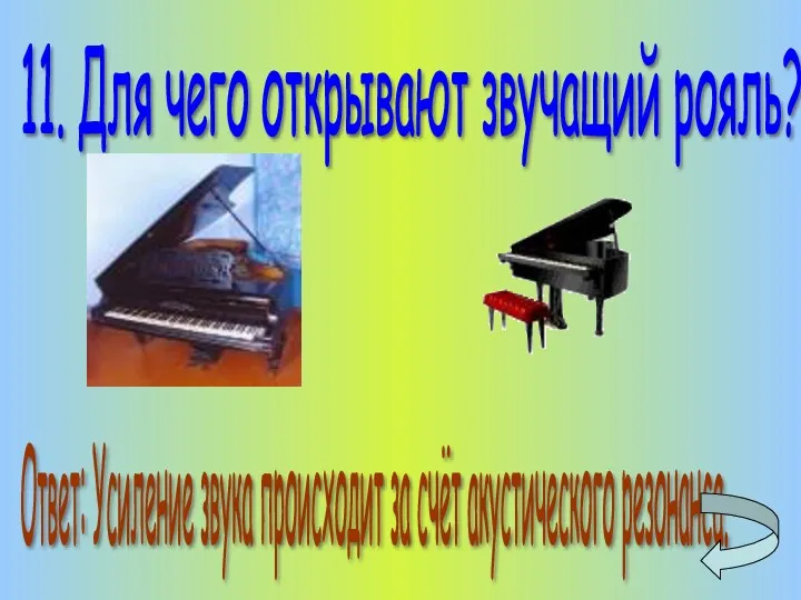 11. Для чего открывают звучащий рояль? Ответ: Усиление звука происходит за счёт акустического резонанса.