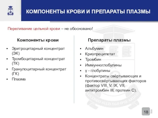 КОМПОНЕНТЫ КРОВИ И ПРЕПАРАТЫ ПЛАЗМЫ Компоненты крови Препараты плазмы Эритроцитарный