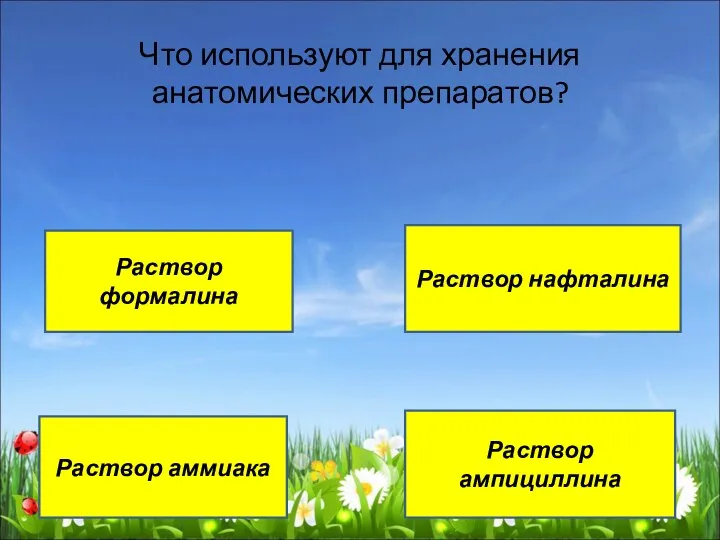 Что используют для хранения анатомических препаратов? Раствор формалина Раствор нафталина Раствор аммиака Раствор ампициллина