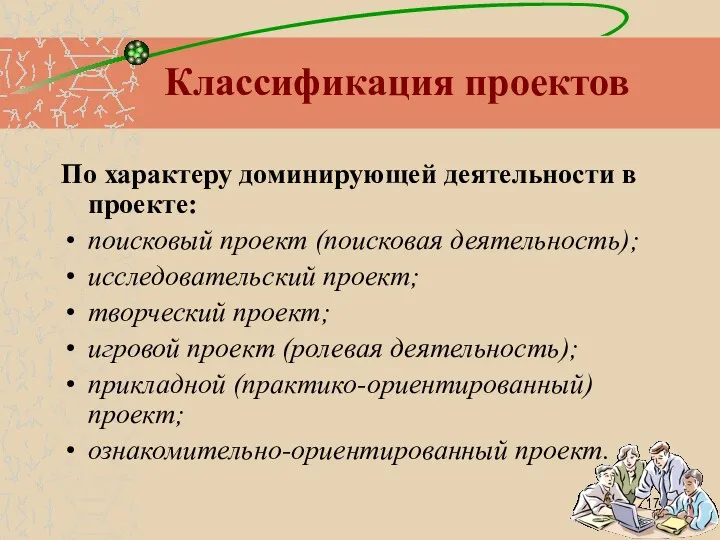 Классификация проектов По характеру доминирующей деятельности в проекте: поисковый проект (поисковая деятельность); исследовательский