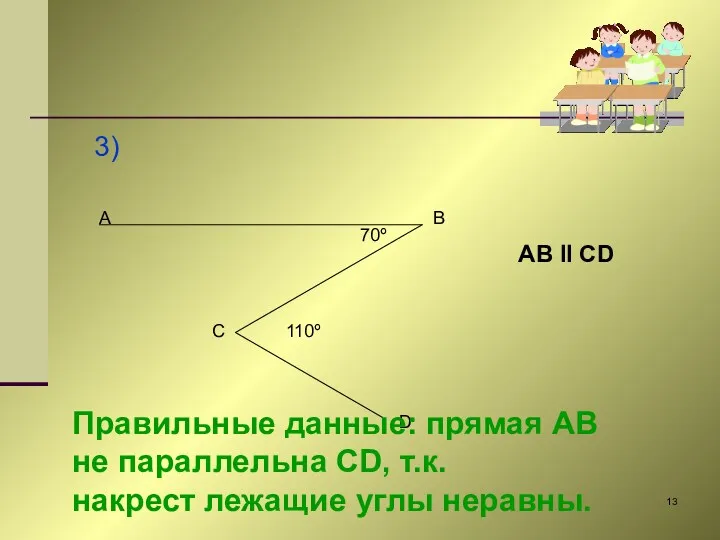 3) A B C D 70º 110º AB II CD Правильные данные: прямая