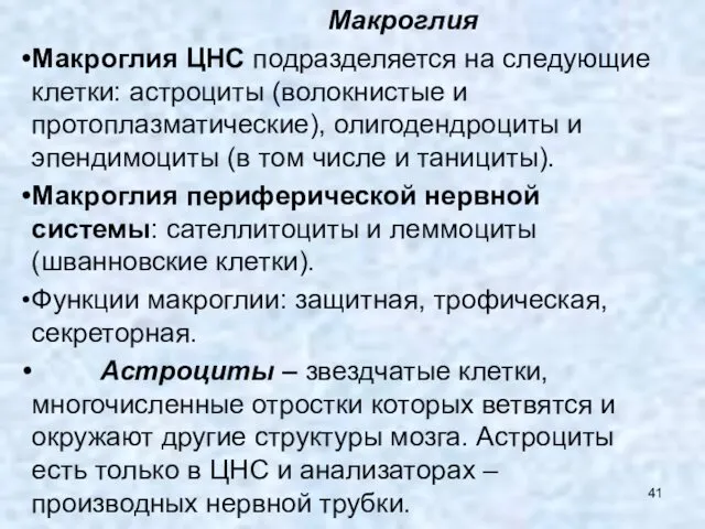 Макроглия Макроглия ЦНС подразделяется на следующие клетки: астроциты (волокнистые и