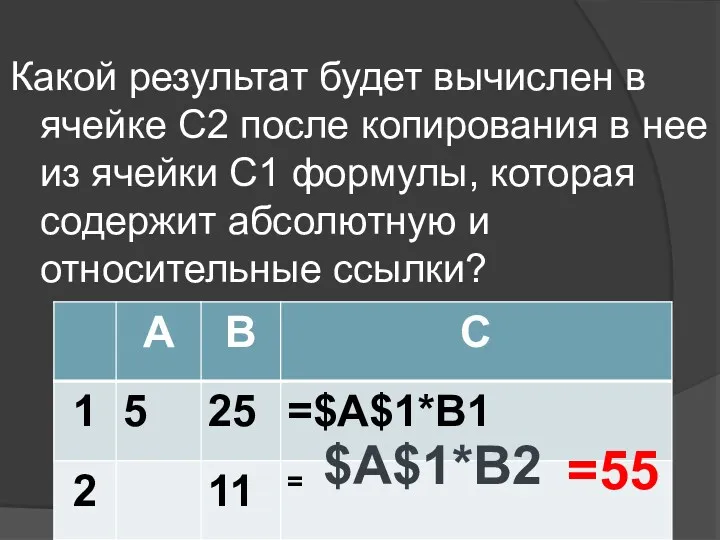 Какой результат будет вычислен в ячейке С2 после копирования в