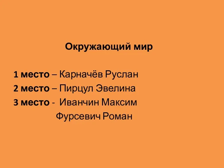 Окружающий мир 1 место – Карначёв Руслан 2 место –