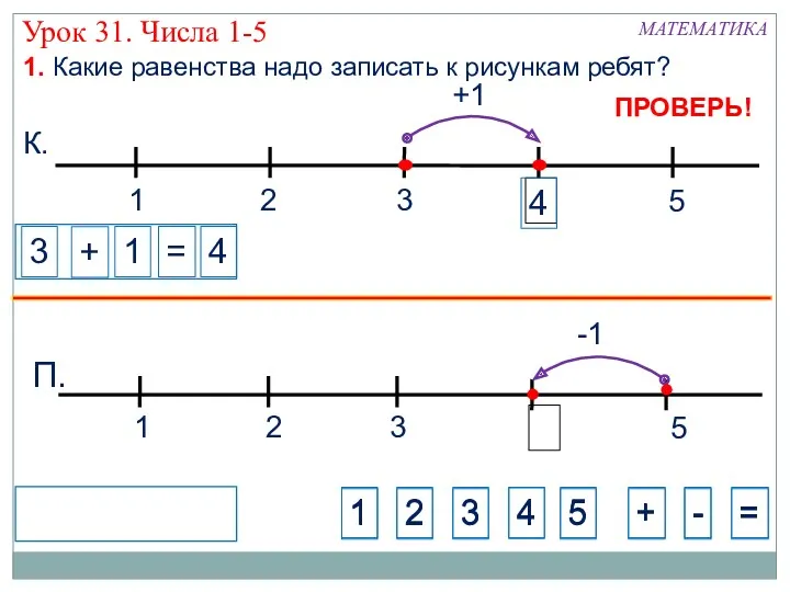 +1 Урок 31. Числа 1-5 1 3 2 5 К.