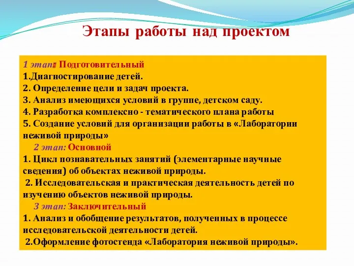 Этапы работы над проектом 1 этап: Подготовительный 1.Диагностирование детей. 2.