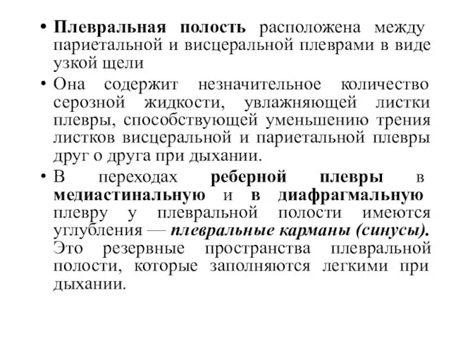 Плевральная полость расположена между париетальной и висцеральной плеврами в виде