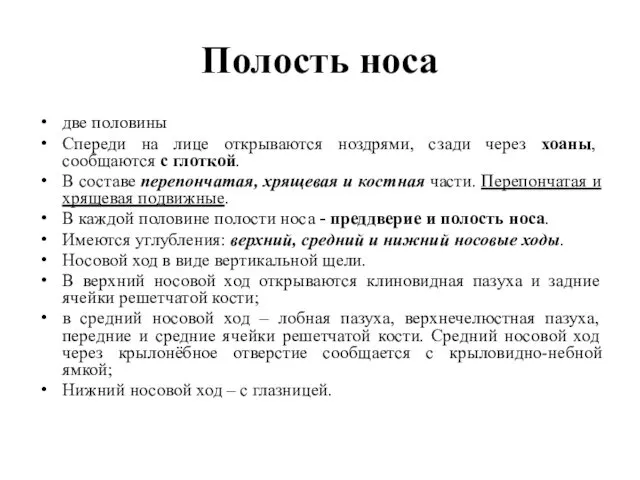 Полость носа две половины Спереди на лице открываются ноздрями, сзади