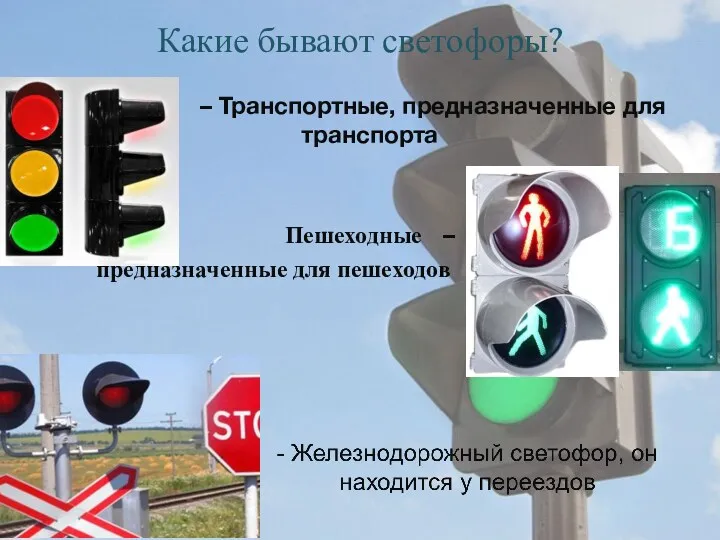 Какие бывают светофоры? – Транспортные, предназначенные для транспорта Пешеходные – предназначенные для пешеходов -
