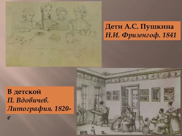 Дети А.С. Пушкина Н.И. Фризенгоф. 1841 В детской П. Вдовичев. Литография. 1820-е