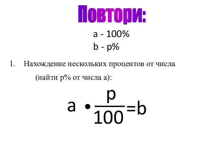 Нахождение нескольких процентов от числа (найти p% от числа a):