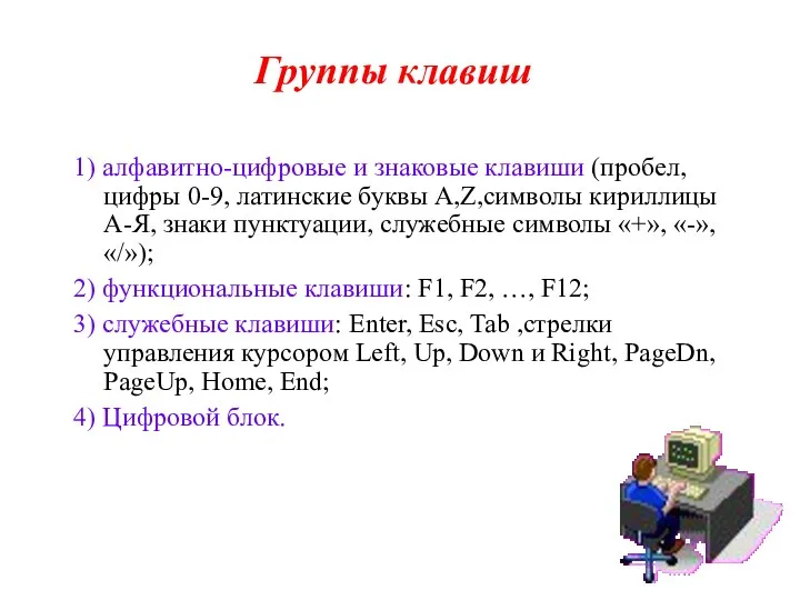 1) алфавитно-цифровые и знаковые клавиши (пробел, цифры 0-9, латинские буквы A,Z,символы кириллицы А-Я,