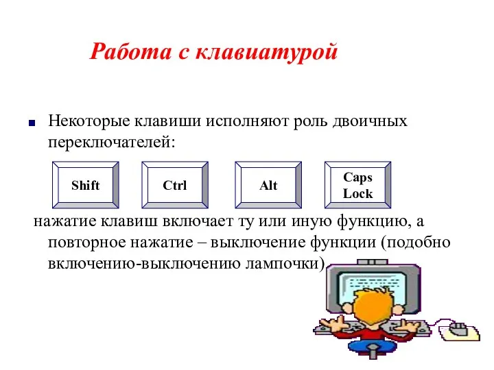 Некоторые клавиши исполняют роль двоичных переключателей: нажатие клавиш включает ту или иную функцию,