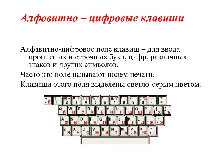 Алфавитно-цифровое поле клавиш – для ввода прописных и строчных букв, цифр, различных знаков