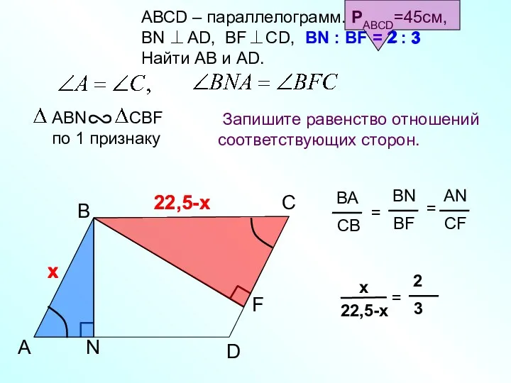 A B С АВСD – параллелограмм. РАВСD=45см, ВN AD, BF