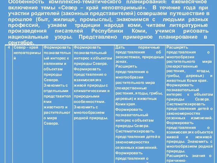 Особенность комплексно-тематического планирования: ежемесячное включение темы «Север – край неповторимый».