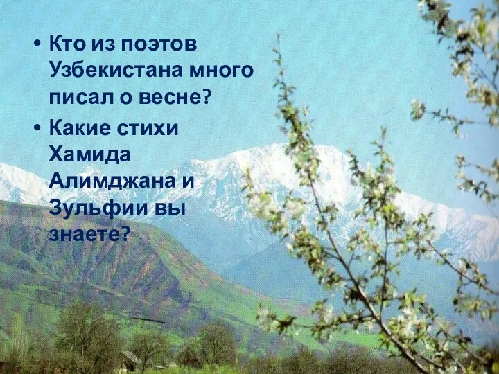 Кто из поэтов Узбекистана много писал о весне? Какие стихи Хамида Алимджана и Зульфии вы знаете?