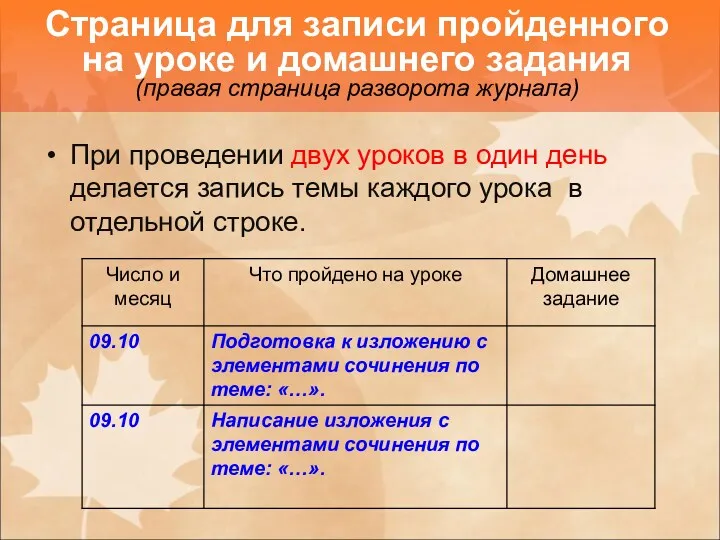 При проведении двух уроков в один день делается запись темы