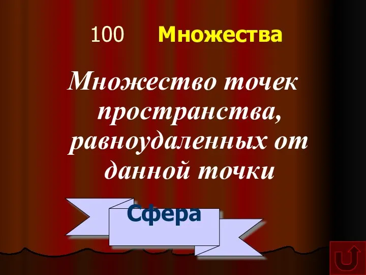 100 Множества Множество точек пространства, равноудаленных от данной точки Сфера