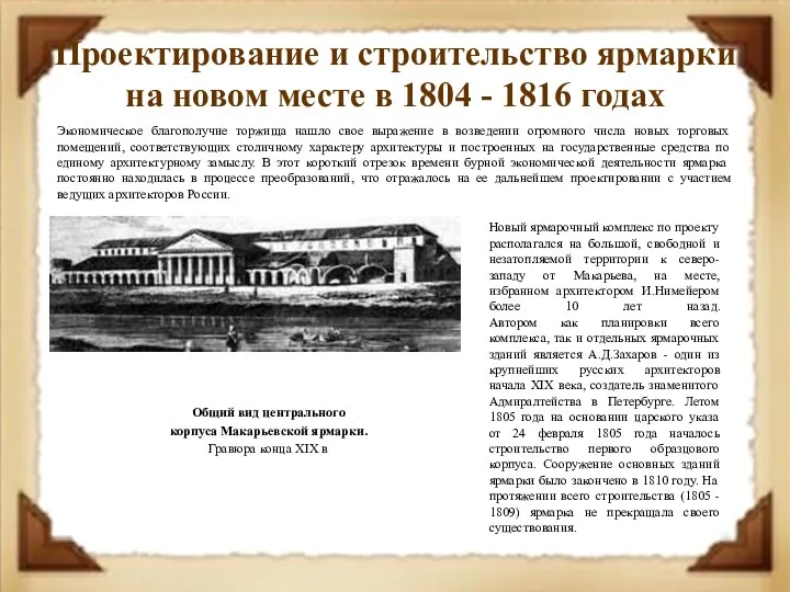 Проектирование и строительство ярмарки на новом месте в 1804 -