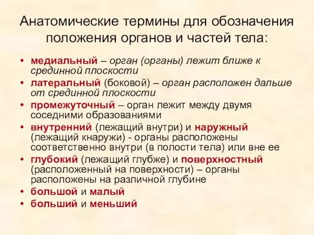 Анатомические термины для обозначения положения органов и частей тела: медиальный