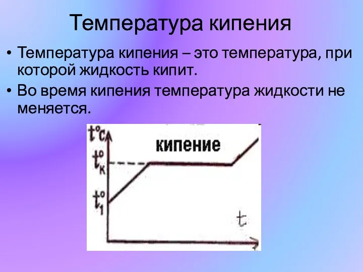 Температура кипения Температура кипения – это температура, при которой жидкость кипит. Во время