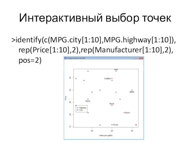 Интерактивный выбор точек >identify(c(MPG.city[1:10],MPG.highway[1:10]),rep(Price[1:10],2),rep(Manufacturer[1:10],2), pos=2)