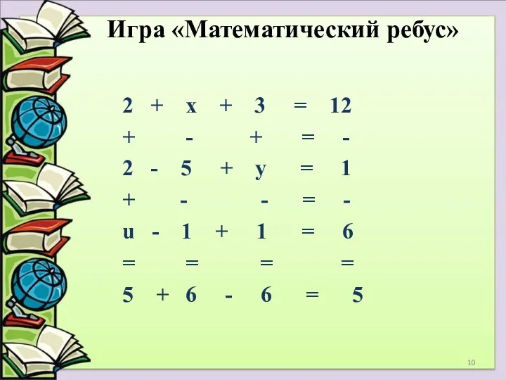 Игра «Математический ребус» 2 + х + 3 = 12